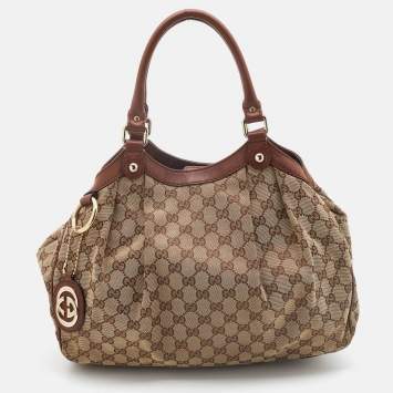 Pre Owned Gucci Beige/Brown GG Canvas and Leather Medium Sukey Tote