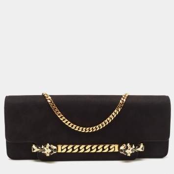 Pre Owned Gucci Black Suede Tiger Head Chain Clutch