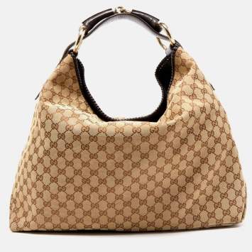 Pre Owned Gucci Beige/Brown GG Canvas and Leather Large Horsebit Hobo