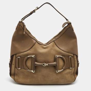 Pre Owned Gucci Beige/Brown Leather Medium Web Horsebit Heritage Hobo