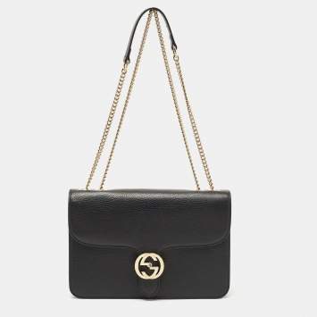 Pre Owned Gucci Black Leather Interlocking G Shoulder Bag