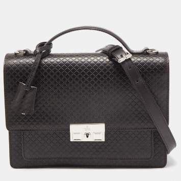 Pre Owned Gucci Dark Brown Micro Diamante Leather Business Top Handle Bag