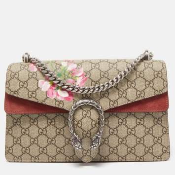 Pre Owned Gucci Old Rose/Beige GG Supreme Canvas and Suede Small Blooms Dionysus Shoulder Bag