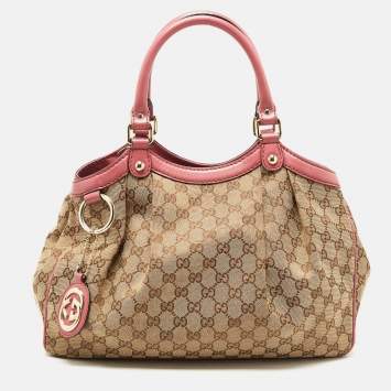 Pre Owned Gucci Beige/Pink GG Canvas and Leather Medium Sukey Tote