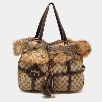 Pre Owned Gucci Beige/Brown GG Canvas, Leather and Fox Fur Royal Tote
