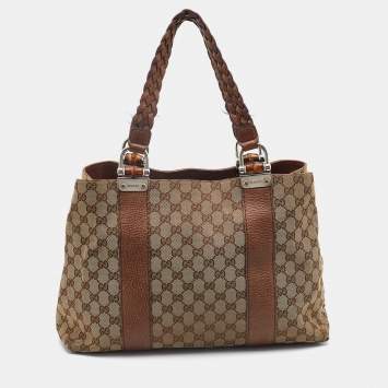 Pre Owned Gucci Beige/Brown GG Canvas and Leather Medium Bamboo Bar Tote