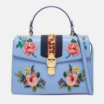 Pre Owned Gucci Light Blue Floral Embroidered Leather Medium Sylvie Top Handle Bag
