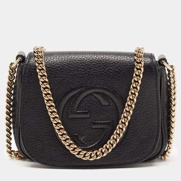 Pre Owned Gucci Black Leather Soho Flap Chain Crossbody Bag