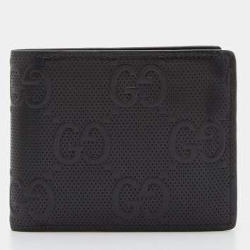 Pre Owned Gucci Black Perforated GG  Embossed Leather Bifold Wallet