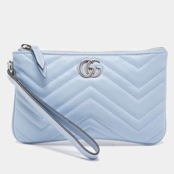 Pre Owned Gucci Light Blue Matelassé Leather GG Marmont Wristlet Pouch
