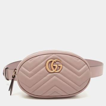 Pre Owned Gucci Beige Matelassé Leather Mini GG Marmont Belt Bag
