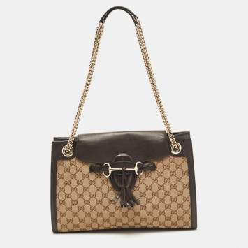 Pre Owned Gucci Brown/Beige GG Canvas and Leather Large Emily Chain Shoulder Bag