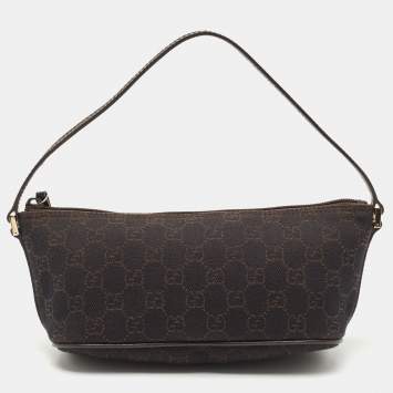 Pre Owned Gucci Dark Brown GG Canvas and Leather Boat Pochette Bag