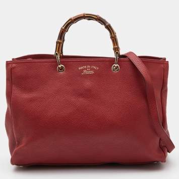 Pre Owned Gucci Red Leather Large Bamboo Shopper Tote