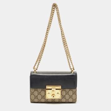 Pre Owned Gucci Black/Beige GG Supreme Canvas and Leather Small Padlock Shoulder Bag