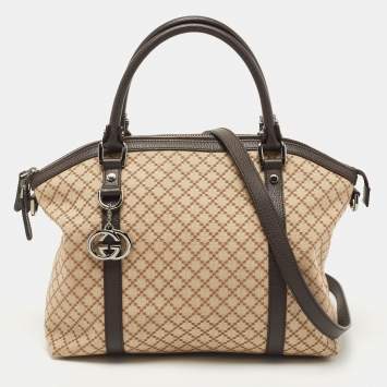 Pre Owned Gucci Ebony/Beige Diamante Canvas and Leather GG Charm Dome Satchel