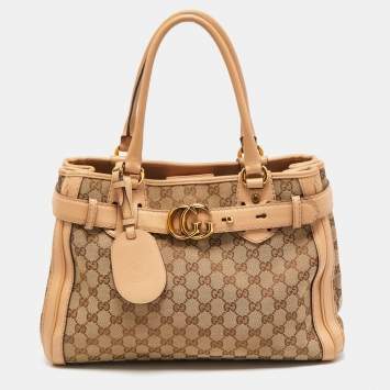 Pre Owned Gucci Beige GG Canvas and Leather Medium Running Tote