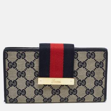 Pre Owned Gucci Navy Blue/Beige GG Canvas and Leather Ladies Web Continental Wallet