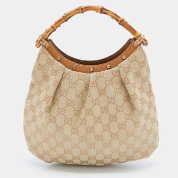 مملوكة مسبقًا Gucci Beige GG Canvas and Leather Bamboo Handle Hobo