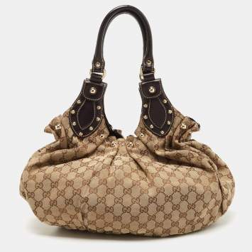Pre Owned Gucci Ebony/Beige GG Canvas and Leather Small Studded Hobo