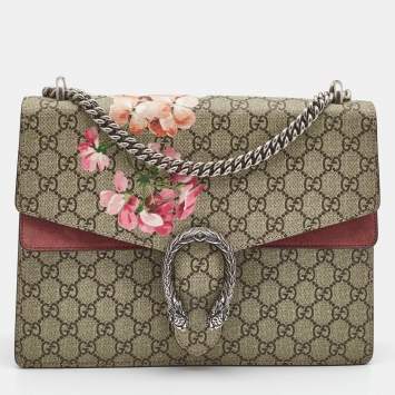 Pre Owned Gucci Old Rose/Beige GG Supreme Canvas and Suede Medium Blooms Dionysus Shoulder Bag