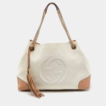 Pre Owned Gucci Brown/White Canvas and Leather Medium Soho Chain Tote