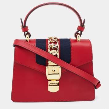 Pre Owned Gucci Red Leather Mini Web Chain Sylvie Top Handle Bag