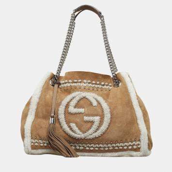 Pre Owned Gucci Brown Suede and Shearling Studded Soho Chain Tote