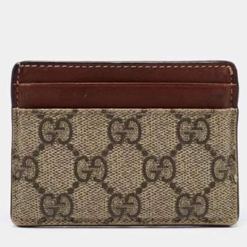Pre Owned Gucci Brown/Beige GG Supreme Canvas and Leather Card Holder