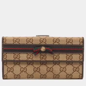 Pre Owned Gucci Brown/Beige GG Canvas and Canvas Mayfair Bow Continental Wallet