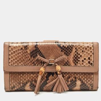 Pre Owned Gucci Beige/Brown Python and Leather Bamboo Tassel Bella Continental Wallet