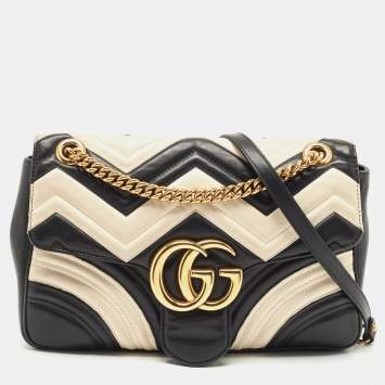 Pre Owned Gucci Black/White Matelasse Leather Medium GG Marmont Shoulder Bag