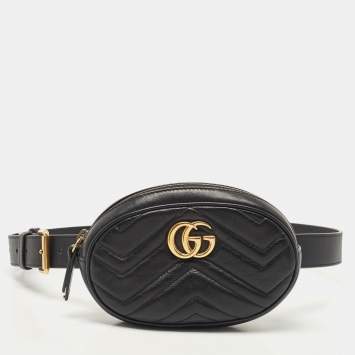 Pre Owned Gucci Black Matelassé Leather GG Marmont Belt Bag