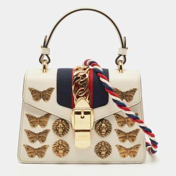 Pre Owned Gucci Beige Leather Mini Sylvie Animal Stud Embellished Top Handle Bag
