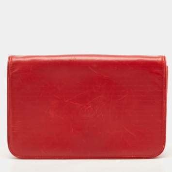 Pre Owned Gucci Red Leather Interlocking G Embossed Leather Flap Clutch
