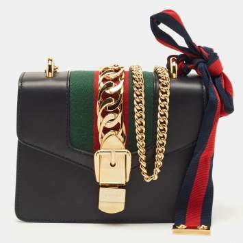 Pre Owned Gucci Black Leather Mini Web Chain Sylvie Shoulder Bag