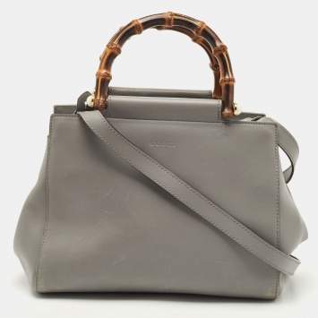 Pre Owned Gucci Grey Leather Small Nymphaea Bamboo Tote