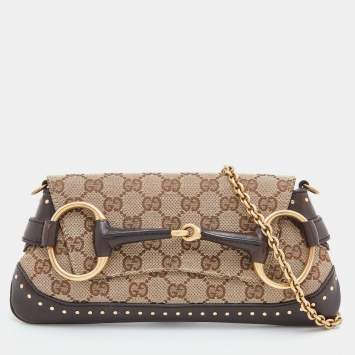 Pre Owned Gucci Beige/Brown GG Canvas and Leather Horsebit Studded Chain Clutch