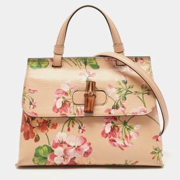 Pre Owned Gucci Pink Apricot Blooms Print Leather Bamboo Daily Top Handle Bag