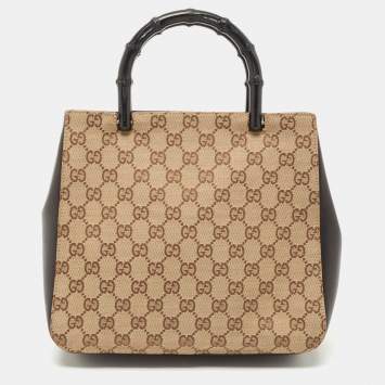 Pre Owned Gucci Beige/Brown Canvas And Leather Bamboo Handle Tote