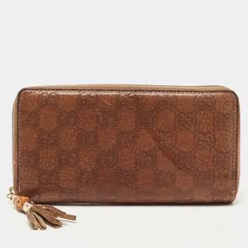Pre Owned Gucci Brown Guccissima Leather Bamboo Tassel Zip Around Wallet