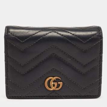 Pre Owned Gucci Charcoal Black Matelassé Leather GG Marmont Card Case