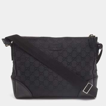Pre Owned Gucci Black Canvas GG Logo Crossbody Messenger Bag 