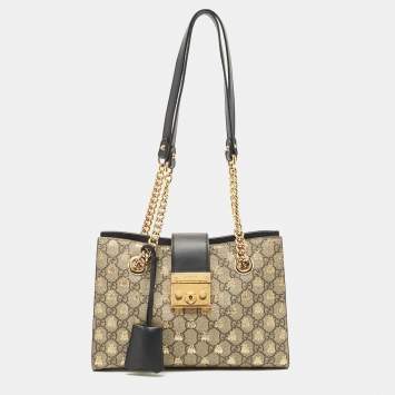 Pre Owned Gucci Black/Beige GG Bees Supreme Canvas Small Padlock Shoulder Bag