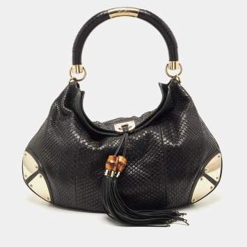 Pre Owned Gucci Black Snake Leather Large Indy Hobo