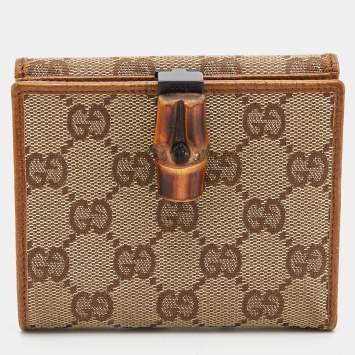 Pre Owned Gucci Beige/Tan GG Canvas and Leather Bamboo Compact Wallet