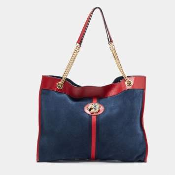 Pre Owned Gucci Navy Blue/Red Suede And Leather Large Rajah Tote 