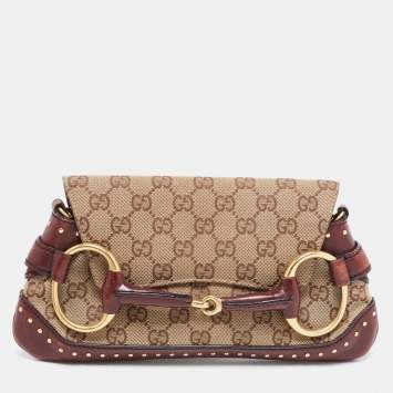 Pre Owned Gucci Beige/Brown GG Canvas and Leather Horsebit Studded Clutch