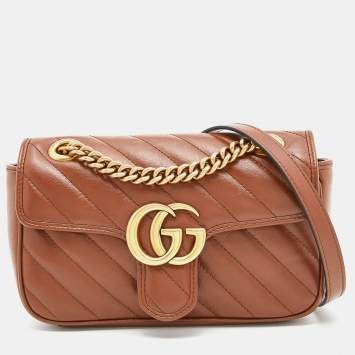 Pre Owned Gucci Brown Diagonal Quilted Leather Mini GG Marmont Shoulder Bag
