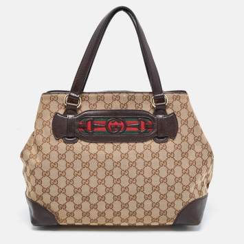 Pre Owned Gucci Brown/Beige GG Canvas and Leather Medium Supreme Web Dressage Tote